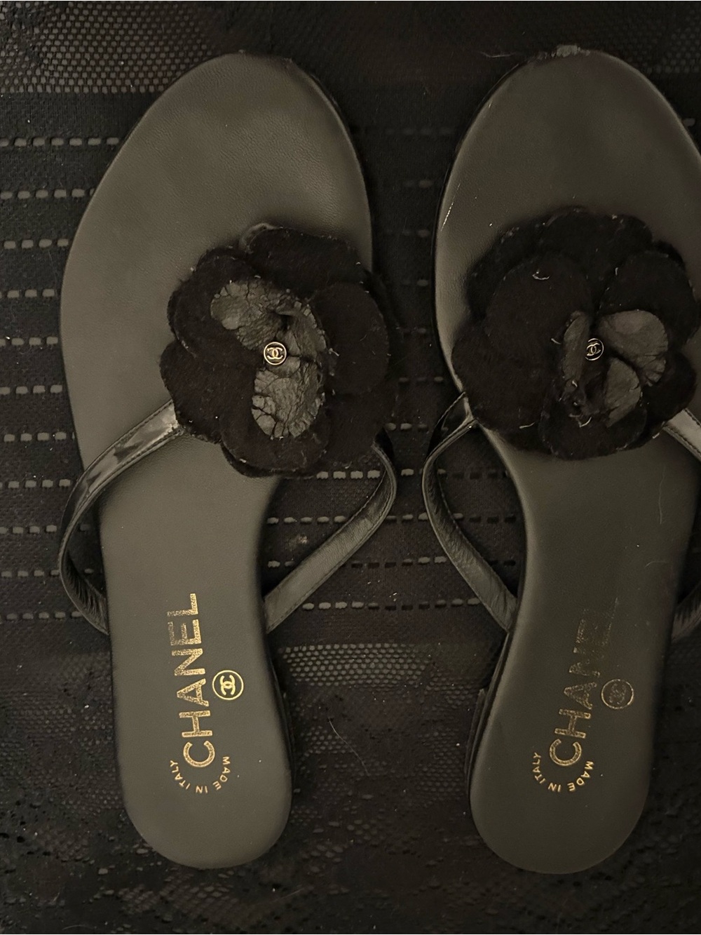 Chanel Black Camellia Leather Flip Flop Sandals size 7